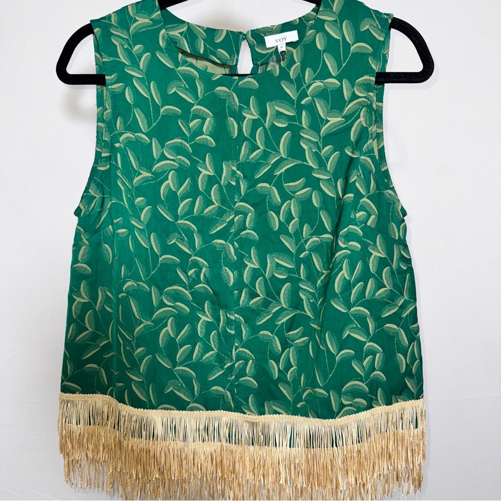 VOY Green Leaf Print Sleeveless Summer Top with Fringe‎ Medium